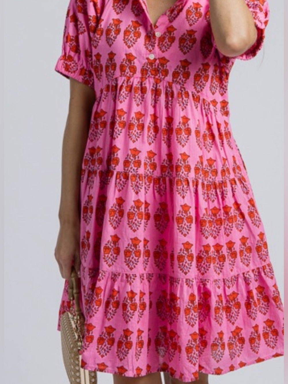 THML Pink Button-Up Dress with Red Floral Print